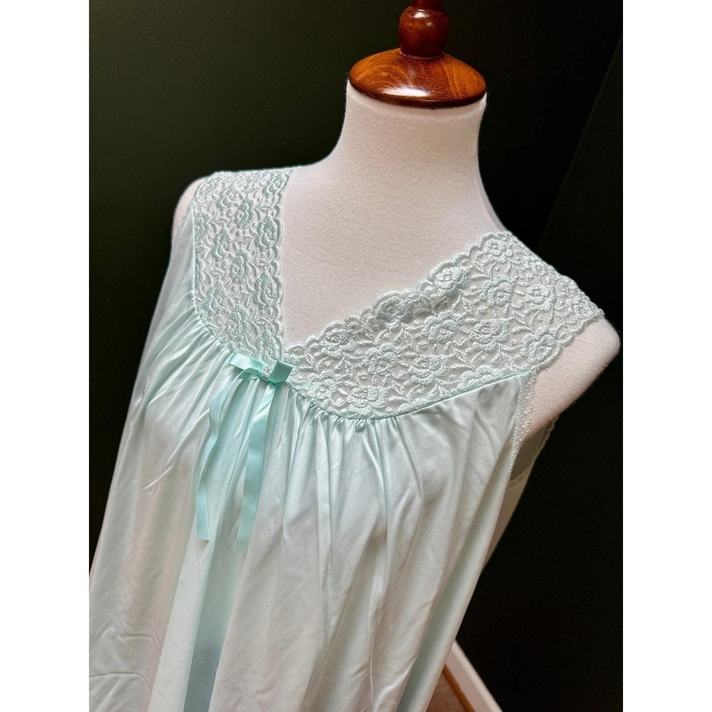 Vintage Vanity Fair Lace Trim Sleeveless Lingerie Dress Aqua Blue Size L - Picture 6 of 7